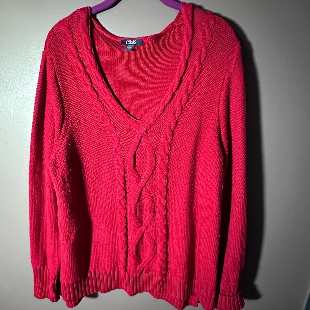 Chaps Women's Red Cable Knit V-Neck Sweater